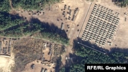 Satellite imagery obtained by RFE/RL shows Russia has set up more than 300 tents in three locations over the past month to temporarily house soldiers at three training grounds in Belarus, including 190 tents at Abuz-Lyasnouski.