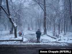 A park in Zolote at dusk. The town was captured by Russian forces in the spring of 2022.