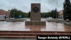 Only the pedestal remains where the monument to Soviet founder Vladimir Lenin once stood in the Kazakh city of Ridder.