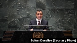 Kyrgyz President Sadyr Japarov speaks at a UN conference on September 22, 2023.