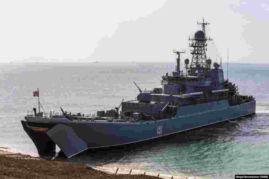 The Novocherkassk large landing ship as seen during strategic drills in 2016. The Ukrainian Air Force said air strikes on the Novocherkassk in the Crimean port of Feodosia on December 26 heavily damaged the ship. The Russian Defense Ministry acknowledged that the ship had been struck. The training ship UTS-150 was also&nbsp;damaged&nbsp;and partially sunk, RFE/RL&#39;s Russian Service&nbsp;reported.