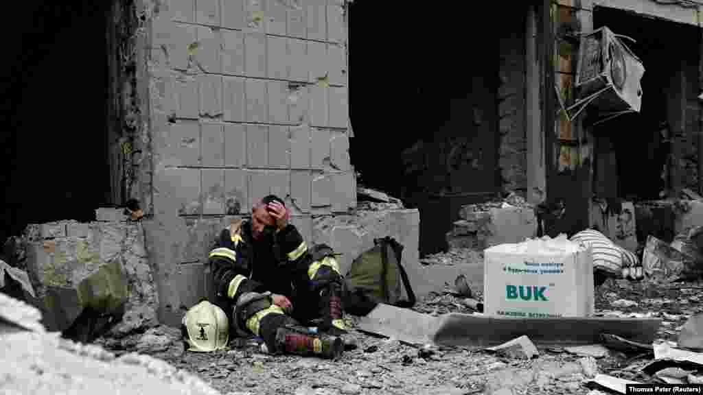 A rescue worker takes a break.