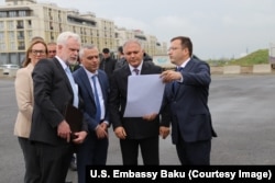 Ambassador Libby (left) viewing rebuilding efforts in the Fuzuli district of Azerbaijan, which was recaptured from ethnic Armenian forces in October 2020.