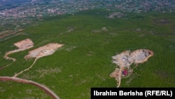 Active quarries and abandoned pits near the village of Gllareva in central Kosovo