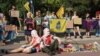 Protesters mark the anniversary of the death of Ukrainian prisoners of war in Olenivka on July 28.