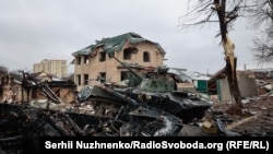 Destroyed Russian military hardware photographed on Vokzalna Street on March 1, 2022