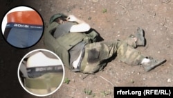 A still from drone footage showing a soldier who was killed by his comrade. The logo that is visible on the soldier's underwear is for a low-cost brand that is widely available across Russia.