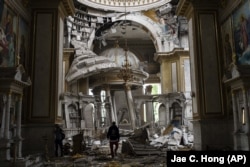 The Transfiguration Cathedral in Odesa, damaged by Russian rocket fire, on July 23, 2023