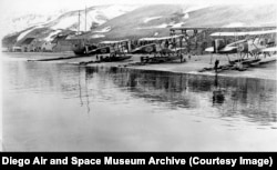 World Cruiser aircraft on an Alaskan beach before their departure across the Bering Sea.