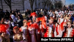 People celebrate the 16th anniversary of Kosovo's independence in Pristina on February 16.