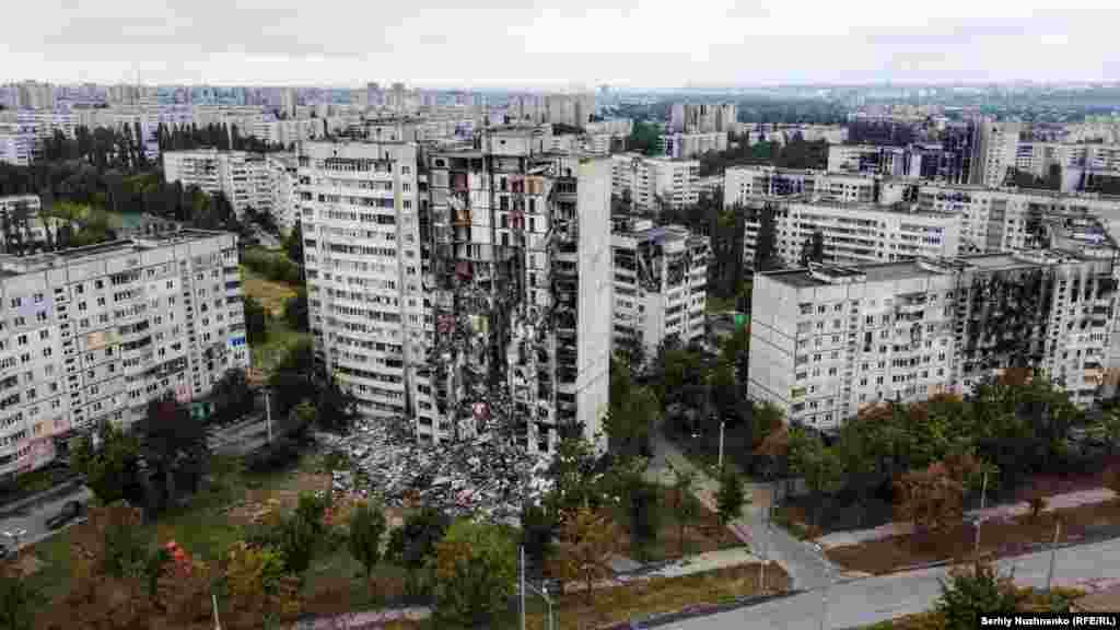 Damaged apartment blocks in Saltivka, a suburb of Kharkiv, seen on September 13, 2022.&nbsp;