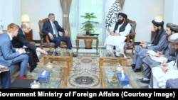 Zamir Kabulov, Russia's presidential envoy to Afghanistan (center left), meets with Amir Khan Muttaqi (center right), the Taliban foreign minister, in Kabul on April 23.