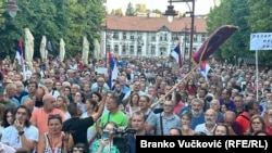 People turn out to protest in Arandjelovac, Serbia, over the renewed plan to develop the lithium mine on July 28. 