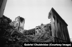 A destroyed building near the Georgian parliament that was later demolished.