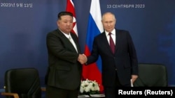 Researchers have documented evidence pointing to increased rail traffic between North Korea and Russia following the meeting between North Korean leader Kim Jong Un (left) and Russian President Vladimir Putin in September. 