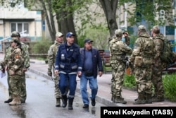 Security service officers patrol Belgorod on April 22.