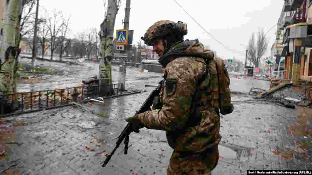 A Ukrainian serviceman in Bakhmut on February 25, 2023.&nbsp;