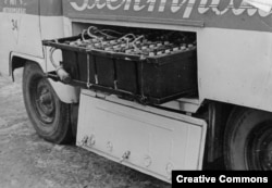 The battery tray on a Soviet-made electric delivery vehicle