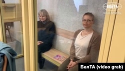 Maryna Zolatava (left) and Lyudmila Chekina appear in court at their trial in March.