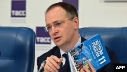 Kremlin aide Vladimir Medinsky attends a press conference to present a new textbook for high-school students on general world history and Russian history that mentions Russia's "special military operation" in Ukraine and the annexation of Crimea in 2014, in Moscow on August 7.