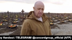 Yevgeny Prigozhin is seen visiting a cemetery for fallen Wagner fighters in the southern Russian Krasnodar region in April.