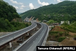 A new stretch of road cuts through the Rikoti Pass in central Georgia. The entire 51.6 kilometer project will consist of 96 bridges, 53 tunnels, and cost nearly $1 billion.