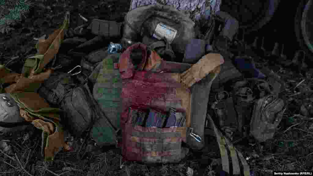 A Ukrainian soldier&#39;s bloodied body armor photographed near Soledar, in the Donetsk Region on January 23, 2023.&nbsp;