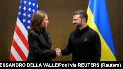 U.S. Vice President Kamala Harris greets Zelenskiy as they meet for a bilateral talk during the global Summit on Peace in Ukraine in Switzerland on June 15.