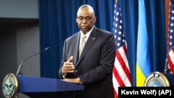 U.S. Defense Minister Lloyd Austin speaks during a press conference after concluding a Ukraine Defense Contact Group meeting at the Pentagon on April 26, 2024.