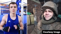 Maksym Galinichev is seen training as a top-flight boxer (left) and later, in one of the last photos taken before his death in 2023, as a soldier.