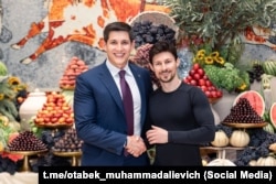 Telegram founder Pavel Durov (right) poses with Otabek Umarov in Tashkent in June.