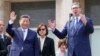 Xi Jinping (left) looks on as Serbian President Aleksandr Vucic speaks at the Palace of Serbia on May 8 during the Chinese leader's two-day visit to Belgrade.