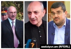 Former de facto presidents of Nagorno-Karabakh Arkady Ghukasian (left), Bako Sahakian (center), and Arayik Harutyunian (composite file photo)