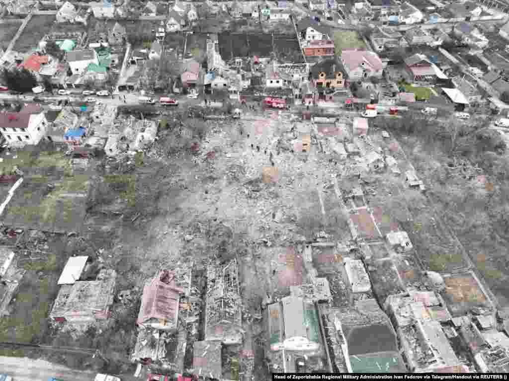 An aerial photo from the Ukrainian press service shows the scale of the destruction caused by the Russian missile strike. &nbsp;