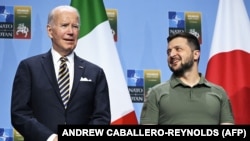 U.S. President Joe Biden (left) and Ukrainian President Volodymyr Zelenskiy pose during an event with Group of Seven leaders to announce a Joint Declaration of Support for Ukraine during the NATO Summit in Vilnius on July 12. 