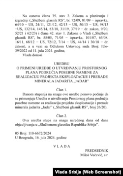 The text of the Serbian government decree passed on July 16 restarting the Jadar project.