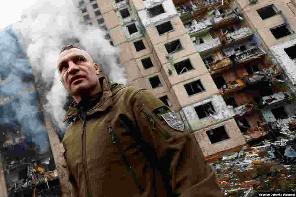 Kyiv Mayor Vitali Klitschko surveys the devastation at a heavily damaged residential building. The barrage extended Russia&#39;s escalated attacks on Ukraine that began on December 29 with its&nbsp;largest single assault on Ukraine&nbsp;since the war started that left at least 41 civilians dead.