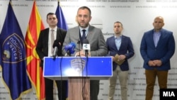 Pance Toskovski, interior minister of North Macedonia, presides at news conference. (file photo) 