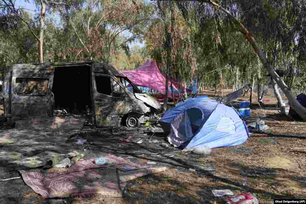 The site of a music festival near the border with the Gaza Strip in southern Israel on October 12, 2023. Israeli officials say victim testimonies and evidence gathered by rights groups indicate that Hamas extremists carried out widespread sexual and gender-based crimes during their attack in southern Israel.&nbsp;