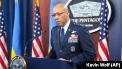 U.S. Chairman of the Joint Chiefs of Staff, Air Force General CQ Brown, speaks during a press conference after concluding the Ukraine Defense Contact Group meeting at the Pentagon in April 2024.