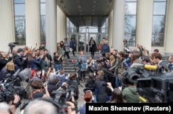 Maria Eismont, a lawyer of Kara-Murza, addresses the media in Moscow on April 17.