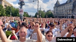 Crowds gather in Debrecen, Hungary's second-largest city, as opposition figure Peter Magyar speaks on May 4.