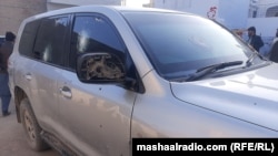 Pakistani lawmaker Mohsin Dawar's car after it was attacked while campaigning in Khyber Pakhtunkhwa Province ahead of upcoming parliamentary elections. 