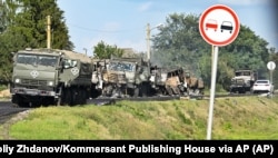 A convoy of Russian Army vehicles destroyed by the Ukrainian military in the Sudzha district of Russia's western Kursk region in August.