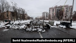 A main street in Bucha photographed on March 1, 2022 during a pause in fighting. The city, just northwest of Kyiv, was the site of fierce battles from February 27 through to the end of March, as Russian ground forces began to abandon their assault on the Ukrainian capital.