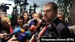 Delyan Peevski, an oligarch sanctioned by the United States, addresses reporters outside Bulgarian parliament in Sofia on November 9. 