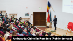 Han Chunlin, China’s ambassador to Bucharest, makes a speech during the inauguration of a Confucius Institute that will operate under UMF Iasi in April. 