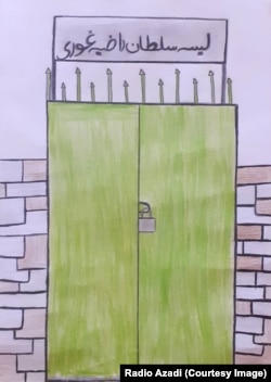 Parwana draws a school with a locked door.