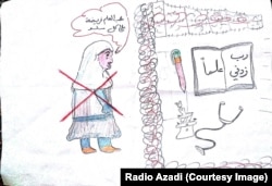 A drawing by Iqra shows a woman teacher being prevented from teaching.