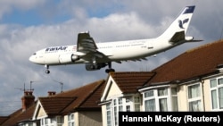 An Iran Air Airbus A300 arrives at Heathrow Airport in west London in 2020.